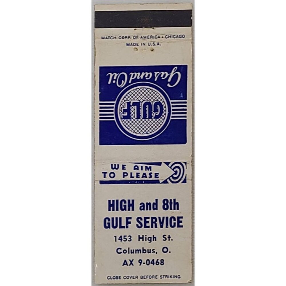 VTG 1950s Front Strike Matchbook Cover Gulf Service High & 8th Columbus OH Ohio